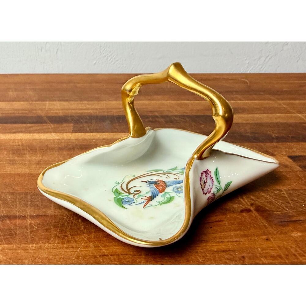Vintage Limoges Castel Porcelain Basket Dish: Bird Floral Gold Gilt Handle - Picture 3 of 15